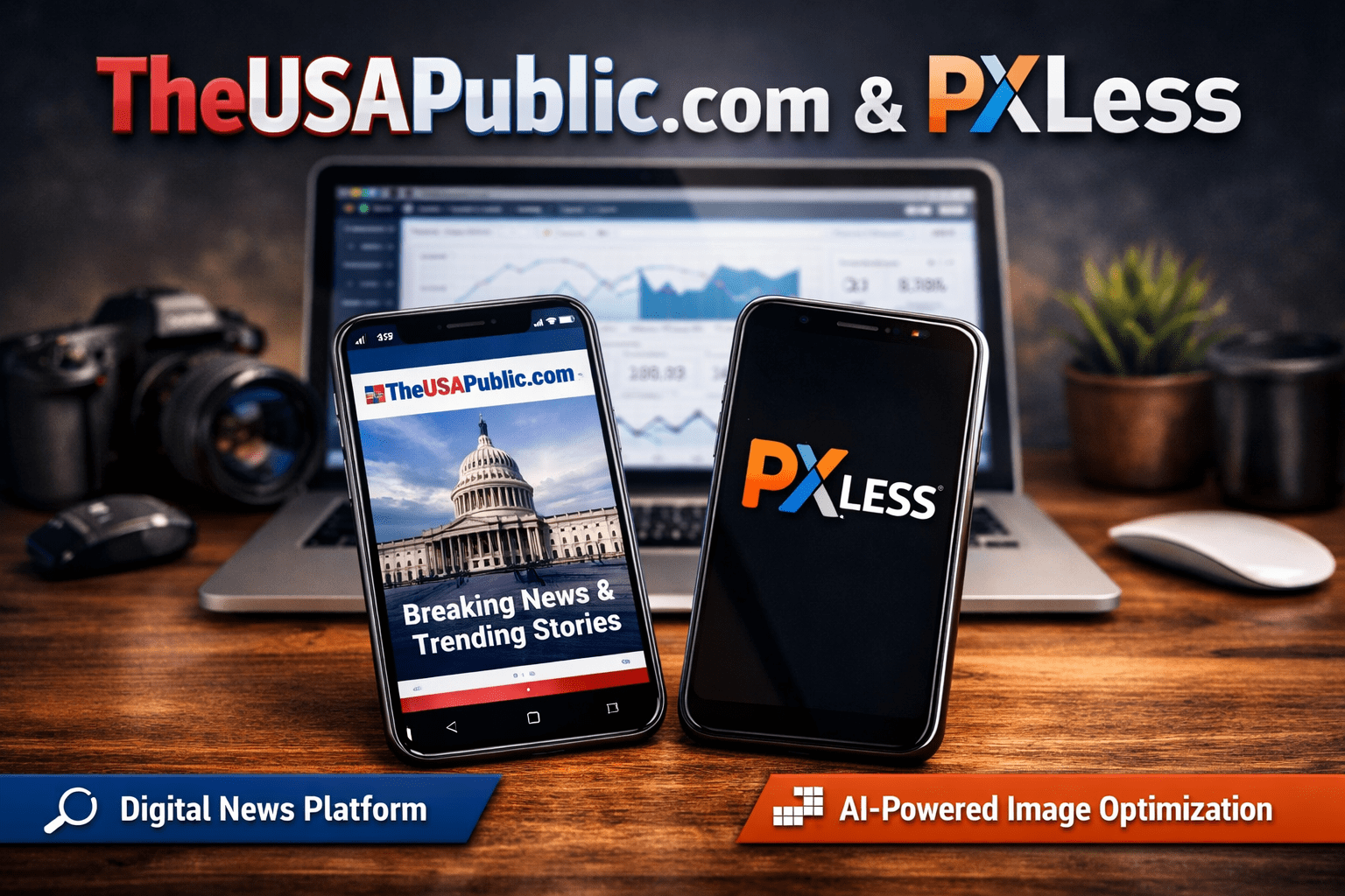 TheUSAPublic.com and PXLess AI powered image optimization digital news platform illustration
